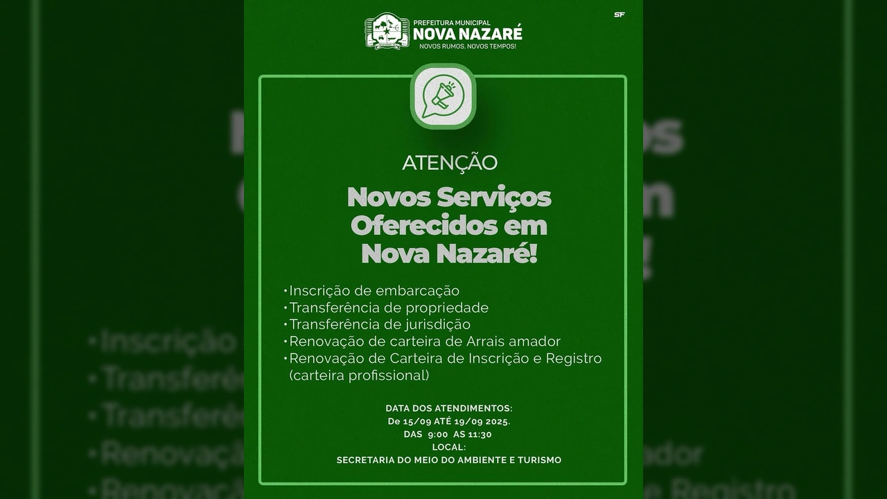 Imagem da Prefeitura de Nova Nazaré anunciando novos serviços públicos para a comunidade