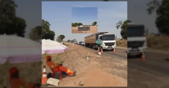 Imagem de um agente de trânsito em operação 'Pare e Siga' em uma rodovia, com fila de veículos e cones. Créditos: @descubrancn / Instagram