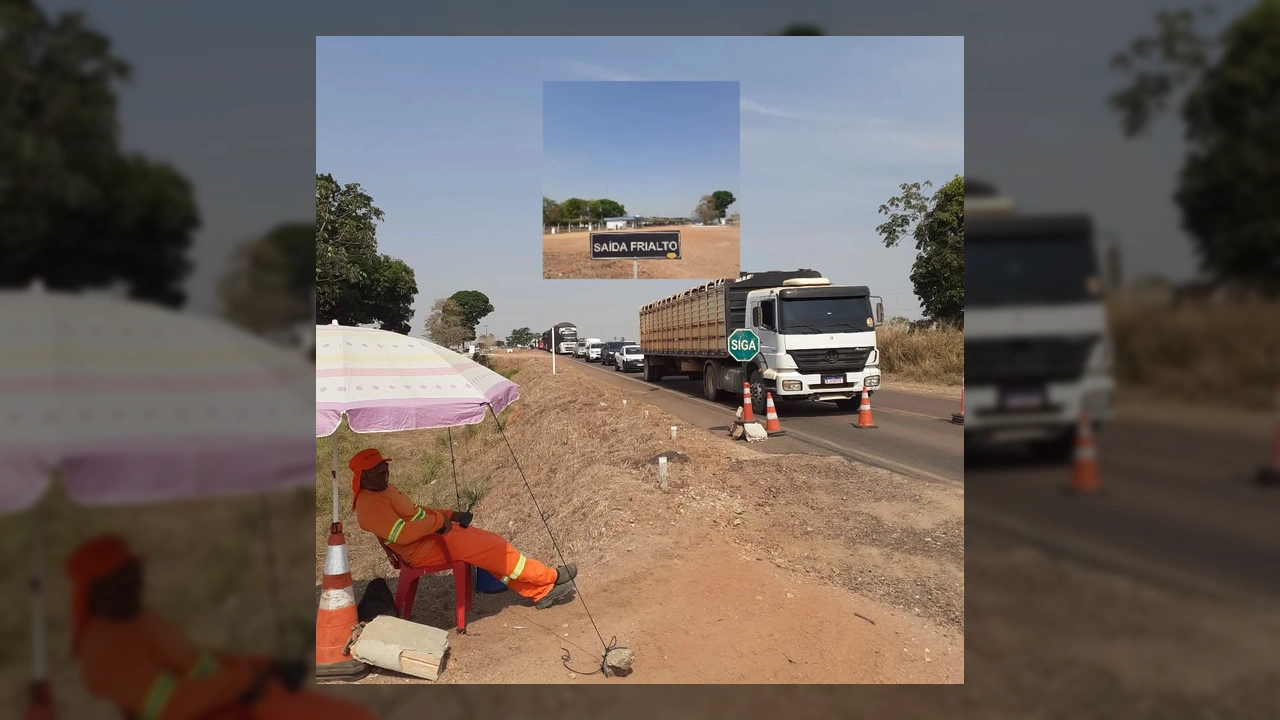 Imagem de um agente de trânsito em operação 'Pare e Siga' em uma rodovia, com fila de veículos e cones. Créditos: @descubrancn / Instagram
