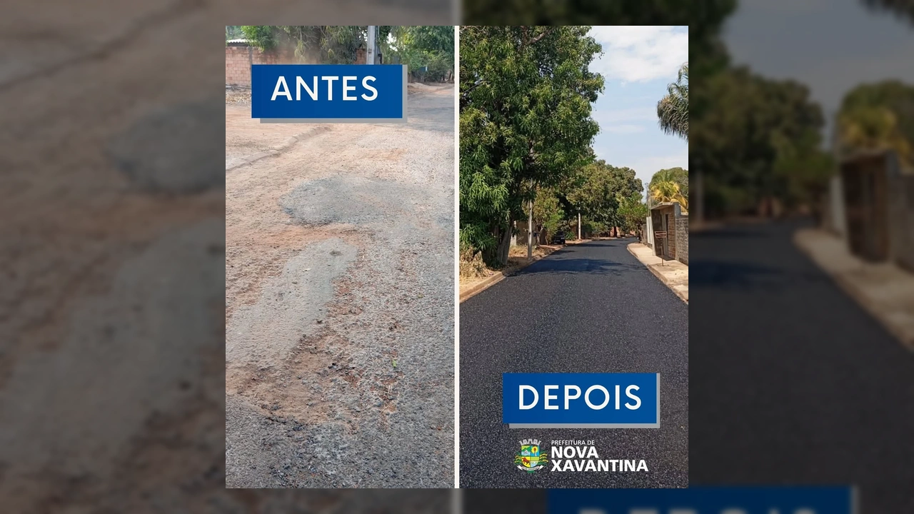 Rua Padre Anchieta em Nova Xavantina antes e depois da pavimentação, com asfalto novo. Crédito: Prefeitura de Nova Xavantina no Instagram