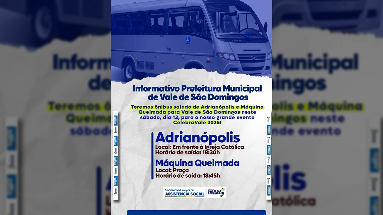 Imagem de ônibus que será usado para o transporte gratuito para o CelebraVale 2025, cortesia da Prefeitura de Vale de São Domingos / Instagram: pref.valedesaodomingos