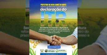 Ilustração da Prefeitura de Nova Canaã do Norte com tema rural, orientando sobre a declaração do ITR para 2025. Crédito: Prefeitura de Nova Canaã do Norte / Instagram