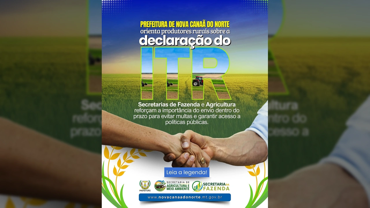 Ilustração da Prefeitura de Nova Canaã do Norte com tema rural, orientando sobre a declaração do ITR para 2025. Crédito: Prefeitura de Nova Canaã do Norte / Instagram