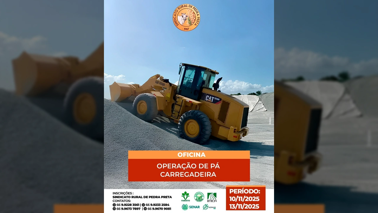 Imagem de uma pá carregadeira amarela em operação, divulgando a oficina do Sindicato Rural de Pedra Preta. Créditos: sindicatoruralpedrapreta / Instagram.