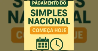 Imagem informativa sobre o início do pagamento do Simples Nacional em Nova Olímpia, com calendário e relógio.