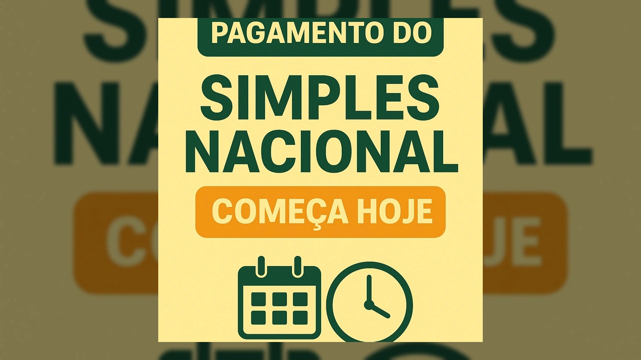 Imagem informativa sobre o início do pagamento do Simples Nacional em Nova Olímpia, com calendário e relógio.