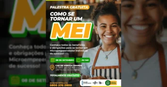 Imagem de uma mulher sorrindo em um ambiente de loja, representando um microempreendedor, com o título 'Palestra Gratuita: Como se Tornar um MEI'. Créditos: Instagram/@smdett