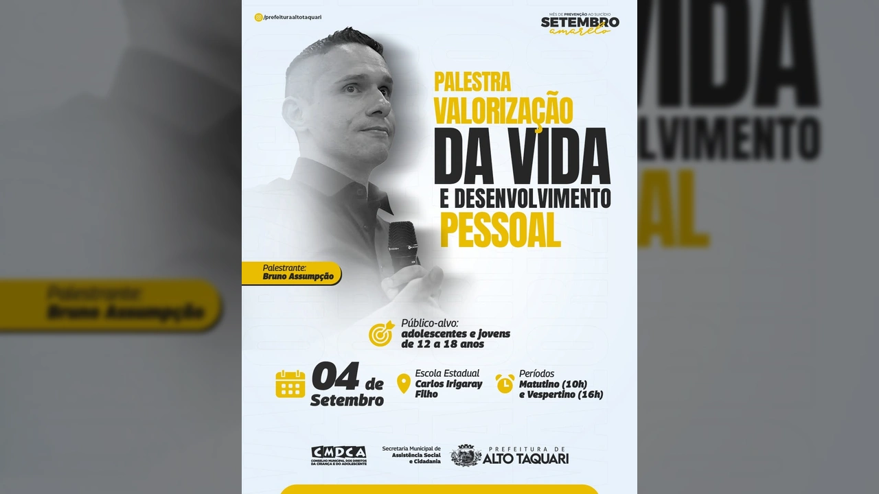 Foto do palestrante Bruno Assumpção durante evento Setembro Amarelo em Alto Taquari. Crédito: Prefeitura de Alto Taquari / Instagram