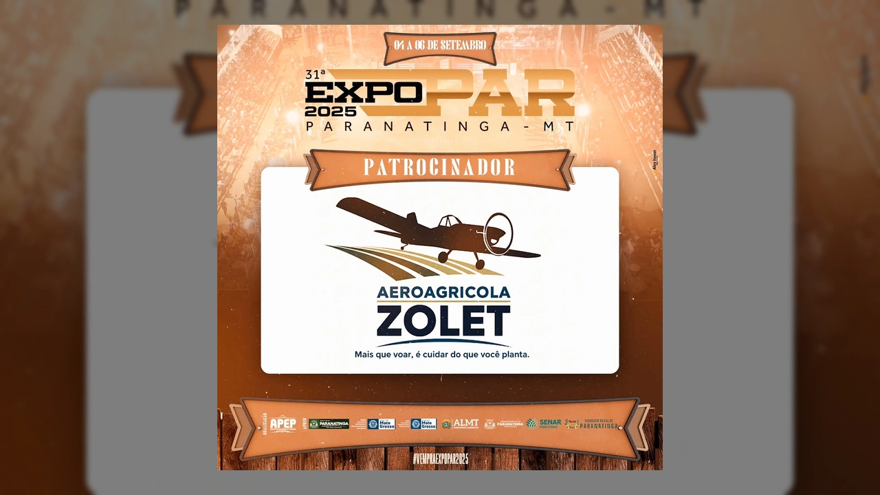 Imagem da Aero Agrícola Zolet como patrocinadora da EXPOPAR 2025 em Paranatinga. Créditos: @expoparrodeio no Instagram.