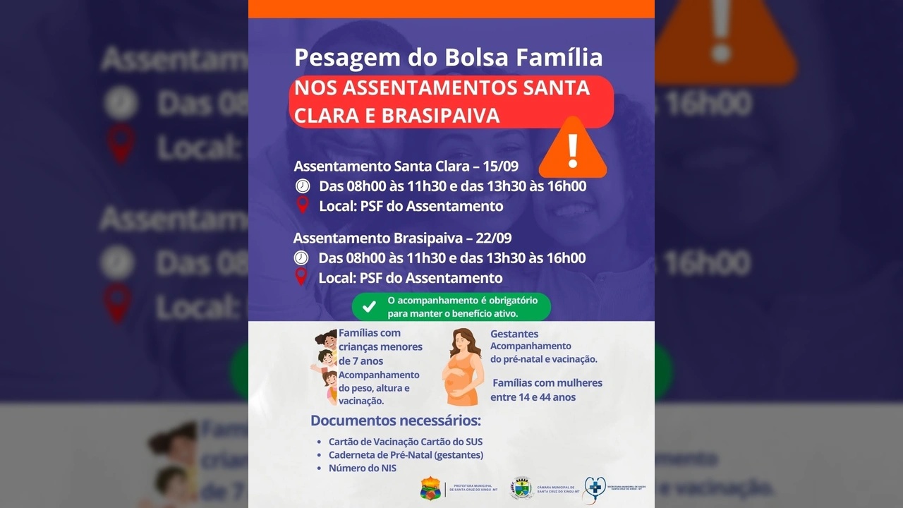 Imagem ilustrativa da divulgação da pesagem do Bolsa Família para Santa Clara e Brasipaiva, Santa Cruz do Xingu, MT. Crédito: Prefeitura de Santa Cruz do Xingu / Instagram