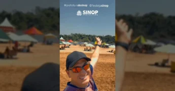 Imagens de pessoas sorridentes usando óculos de sol com a palavra 'FES TEJA' em evento na Praia do Cortado, Sinop. Crédito: festejasinop / Instagram