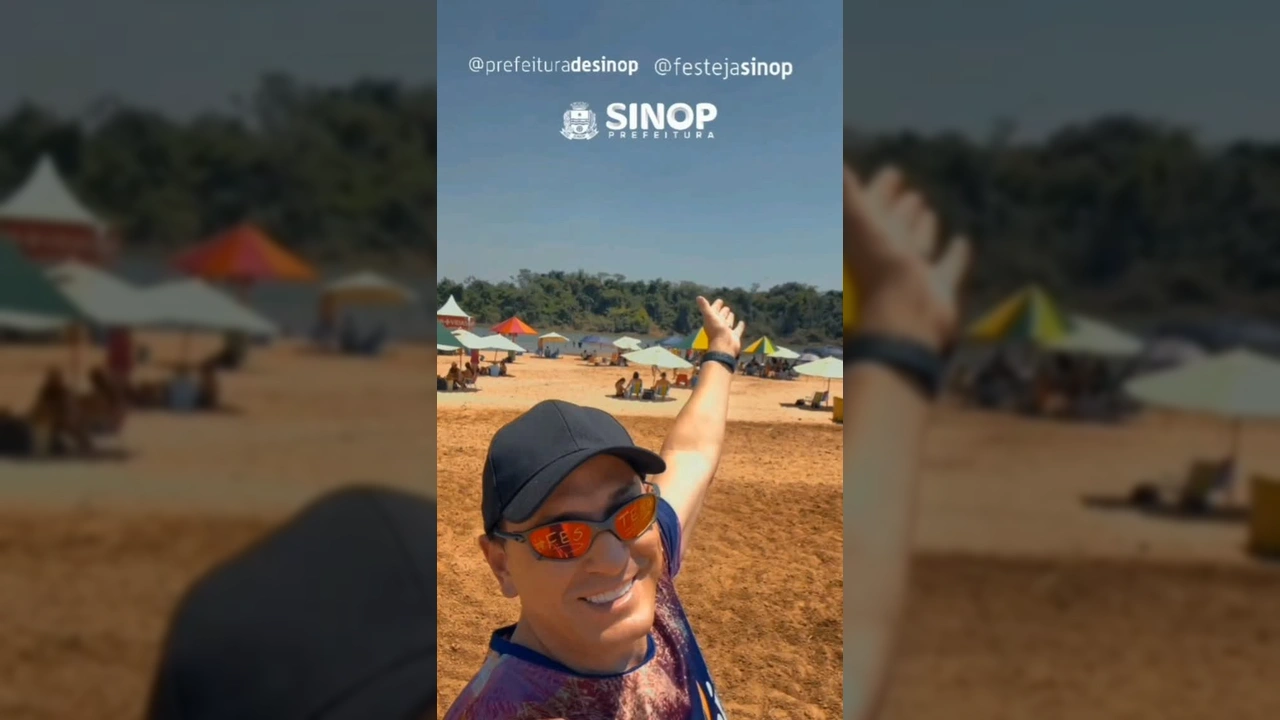 Imagens de pessoas sorridentes usando óculos de sol com a palavra 'FES TEJA' em evento na Praia do Cortado, Sinop. Crédito: festejasinop / Instagram