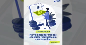Imagem ilustrativa de um homem segurando um montante de dinheiro com o símbolo do Euro, saindo de um celular, com moedas no chão, representando as novas regras do Pix contra fraudes e para devolução de valores. Crédito: EBC / Instagram.
