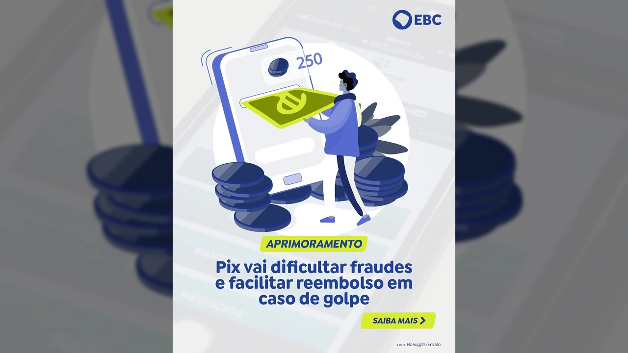 Imagem ilustrativa de um homem segurando um montante de dinheiro com o símbolo do Euro, saindo de um celular, com moedas no chão, representando as novas regras do Pix contra fraudes e para devolução de valores. Crédito: EBC / Instagram.