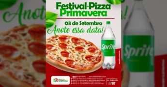 Pizza de pepperoni e cogumelos, com garrafa de Sprite Sabor Limão, anunciando o Festival de Pizza Primavera em Lucas do Rio Verde. Crédito: Supermercados Primavera / Instagram.