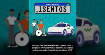 Placa de veículo 'ISENTOS BR MATO GROSSO' com ilustrações de pessoa em cadeira de rodas e um táxi, referente à isenção de IPVA. Créditos: Sefaz Mato Grosso / Instagram.