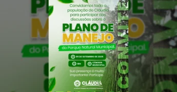 Cartaz convidando para audiência pública sobre o Plano de Manejo do Parque Natural Municipal em Cláudia, com detalhes de data e local. Créditos: Prefeitura de Cláudia / Instagram.