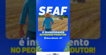 Trator azul da marca LS PLUS 100 com plantadeira de mandioca em campo arado, com agricultores operando. Créditos: seafmt / Instagram.