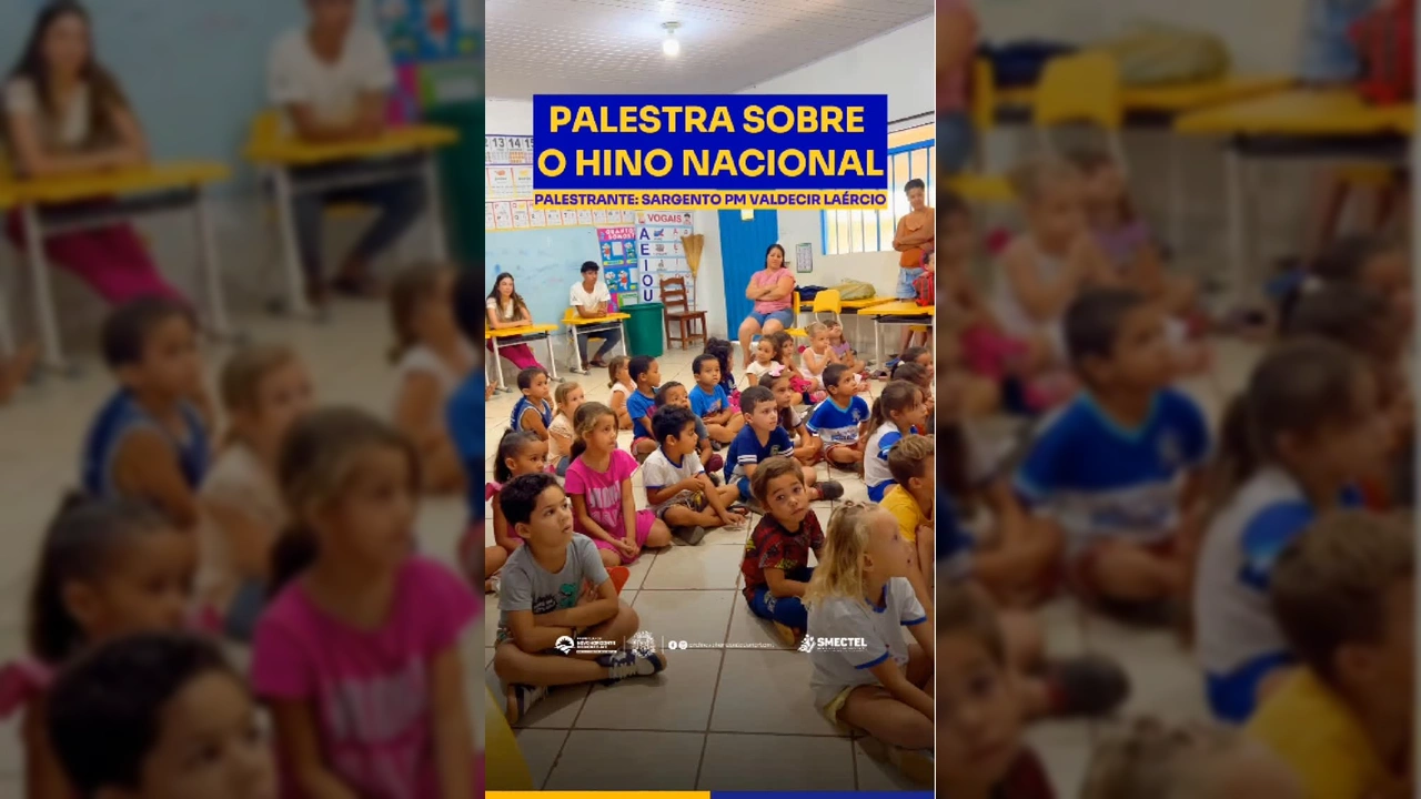 Sargento da Polícia Militar palestrando para crianças sobre o Hino Nacional em Novo Horizonte do Norte. Crédito: Prefeitura de Novo Horizonte do Norte - MT / Instagram