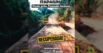 Ponte recuperada em Itapaiuna, Juara, pela Secretaria de Transportes, conforme post da Prefeitura de Juara no Instagram.