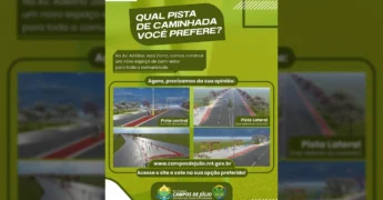 Renderização das opções de pista de caminhada (central e lateral) na Av. Adélino José Zamo para votação pública em Campos de Júlio. Créditos: Prefeitura Municipal de Campos de Júlio - MT / Instagram