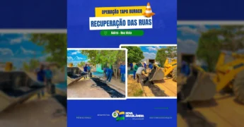 Trabalhadores da Prefeitura de Nova Brasilândia realizando operação tapa buraco e limpeza no Bairro Boa Vista, com máquinas e equipamentos. Crédito: @nbprefeitura