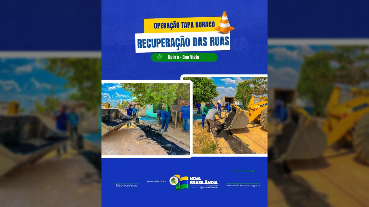 Trabalhadores da Prefeitura de Nova Brasilândia realizando operação tapa buraco e limpeza no Bairro Boa Vista, com máquinas e equipamentos. Crédito: @nbprefeitura