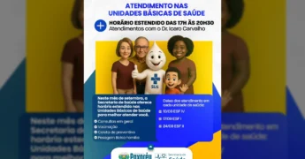 Ilustração de uma família com profissional de saúde e o logo do SUS, representando os serviços de saúde com horário estendido em Poxoréu. Imagem via prefpoxoreu / Instagram.