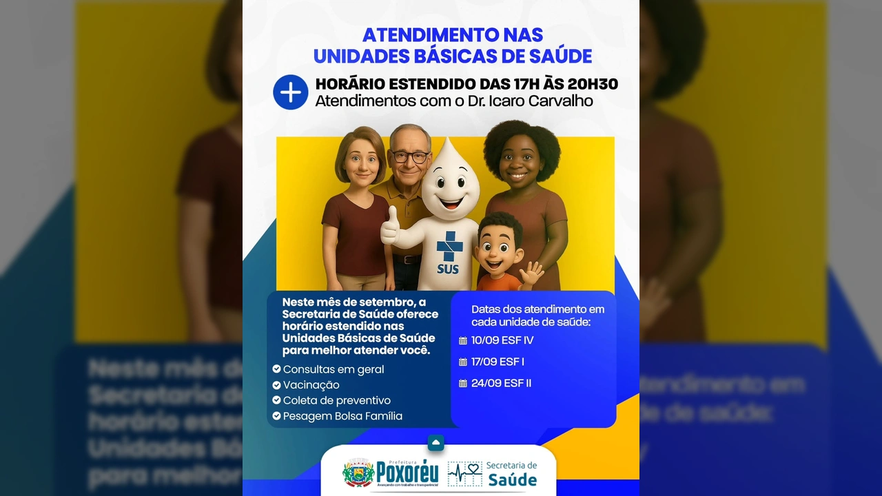 Ilustração de uma família com profissional de saúde e o logo do SUS, representando os serviços de saúde com horário estendido em Poxoréu. Imagem via prefpoxoreu / Instagram.