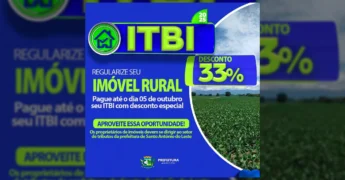 Imagem promocional da Prefeitura de Santo Antônio do Leste anunciando desconto de 33% no ITBI para regularização de imóveis rurais até 05 de outubro de 2025. Créditos: prefsantoantoniodoleste / Instagram
