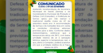 Comunicado da Prefeitura de Sorriso anunciando o cancelamento do desfile cívico de 7 de Setembro devido ao calor intenso e baixa umidade do ar. Créditos: Prefeitura de Sorriso / Instagram.