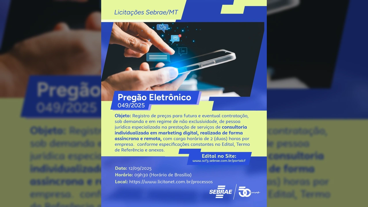 Imagem ilustrativa de mãos interagindo com um smartphone, representando a consultoria em marketing digital, divulgada pelo Sebrae Mato Grosso
