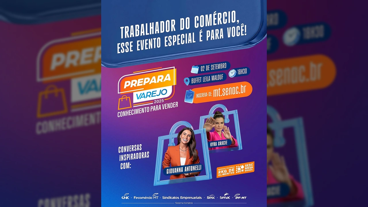Imagem promocional do Prepara Varejo 2025 em Cuiabá, destacando Giovanna Antonelli e Kyra Gracie. Créditos: @amad_sincadmt.