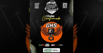 Cartaz anunciando o 1º Encontro de Carros Antigos em Tabaporã, Mato Grosso, com um carro clássico e um pistão com asas do clube GHS. Crédito: Prefeitura de Tabaporã / Instagram.