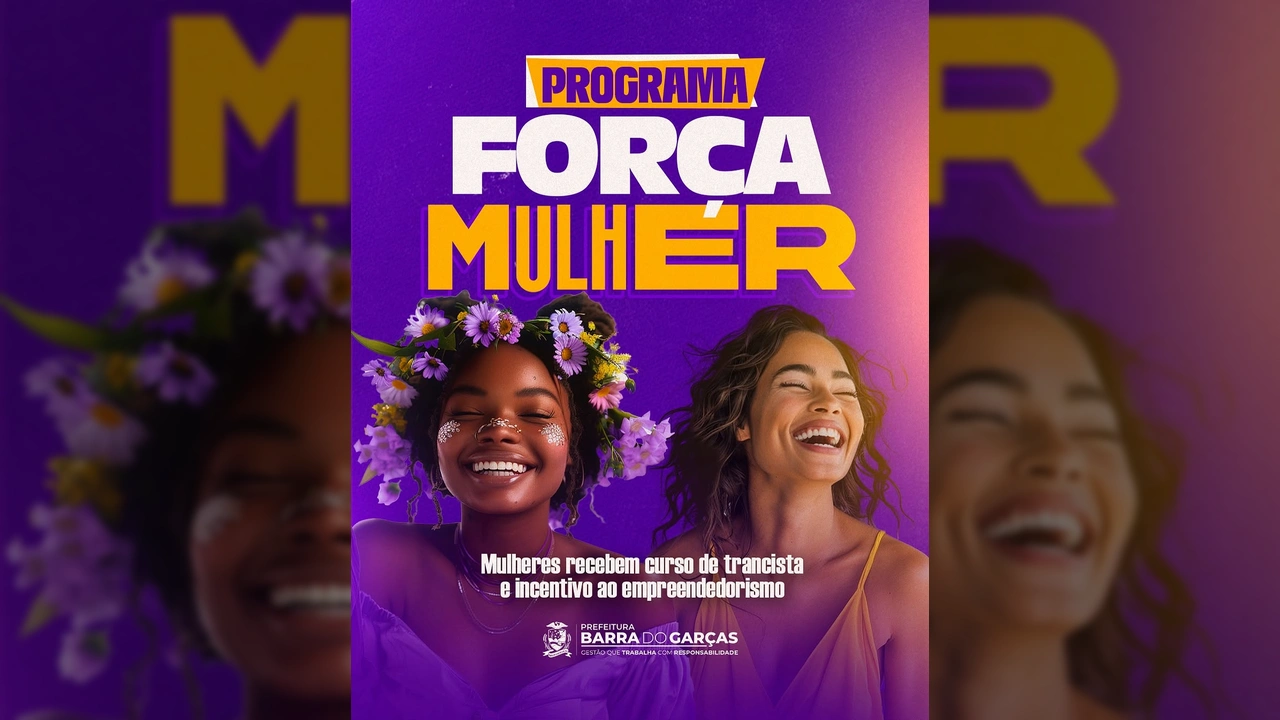 Duas mulheres sorrindo, uma com coroa de flores, representando o programa Força Mulher da Prefeitura de Barra do Garças, com foco em capacitação e empreendedorismo. Crédito: prefeiturabg / Instagram