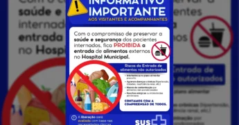 Placa informativa com aviso de proibição de alimentos externos em hospital, mostrando ícones de proibição sobre fast food e diversos tipos de comida. Crédito: terranovadonorte / Instagram.