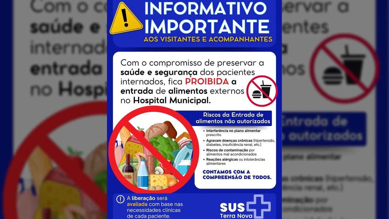 Placa informativa com aviso de proibição de alimentos externos em hospital, mostrando ícones de proibição sobre fast food e diversos tipos de comida. Crédito: terranovadonorte / Instagram.