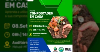 Imagem ilustrativa de compostagem doméstica com resíduos orgânicos e solo rico, promovida pela Prefeitura Municipal de Matupá e ETEC.