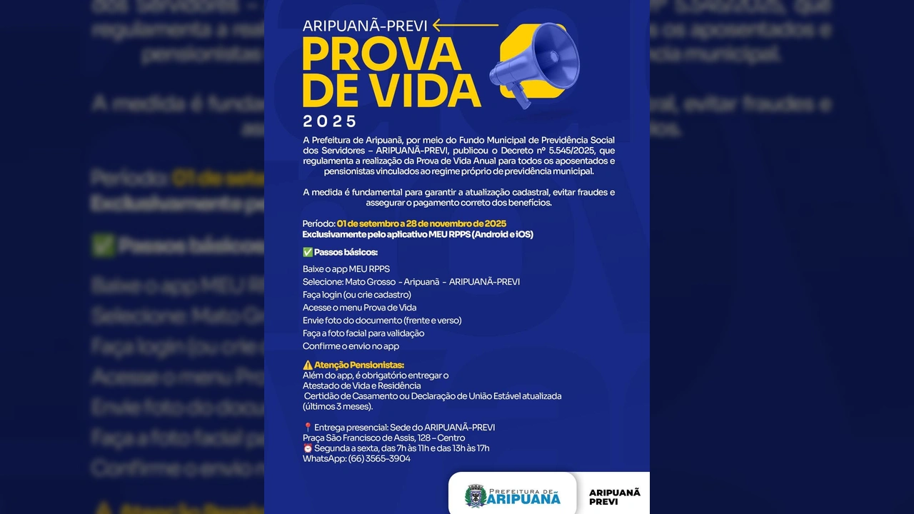 Banner informativo sobre a Prova de Vida 2025 para aposentados e pensionistas de Aripuanã. Créditos: Prefeitura de Aripuanã / Instagram