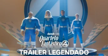 Pôster do filme Quarteto Fantástico: Primeiros Passos, apresentando Reed Richards, Sue Storm, Johnny Storm e Ben Grimm. Créditos: Marvel Studios.