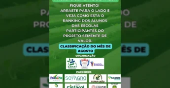 Ranking de agosto do Projeto Semente de Valor em Marcelândia, com lista de alunos e escolas destacadas por pontuação na coleta de sementes. Créditos: Samat Marcelândia / Instagram.