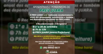 Anúncio do recadastramento obrigatório para aposentados e pensionistas do PREV-JUARA em Juara, Mato Grosso, com datas e local para o processo. / Instagram @prefeituradejuara