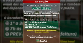 Imagem informativa sobre o recadastramento obrigatório do PREV-JUARA em setembro de 2025. Créditos: Prefeitura de Juara / Instagram