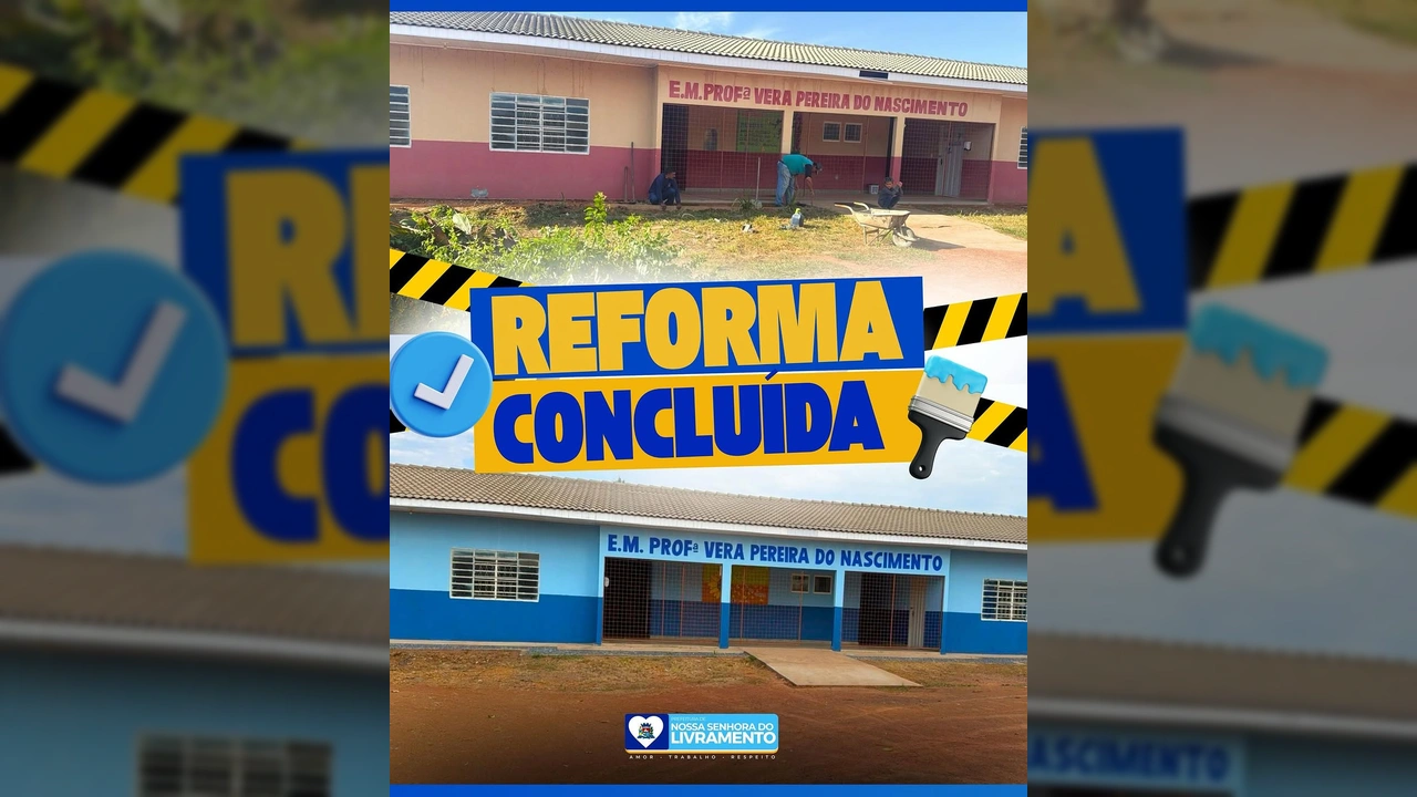 Imagem da Escola Municipal Professora Vera Pereira do Nascimento antes e depois da reforma em Nossa Senhora do Livramento. Créditos: Prefeitura de Livramento / Instagram