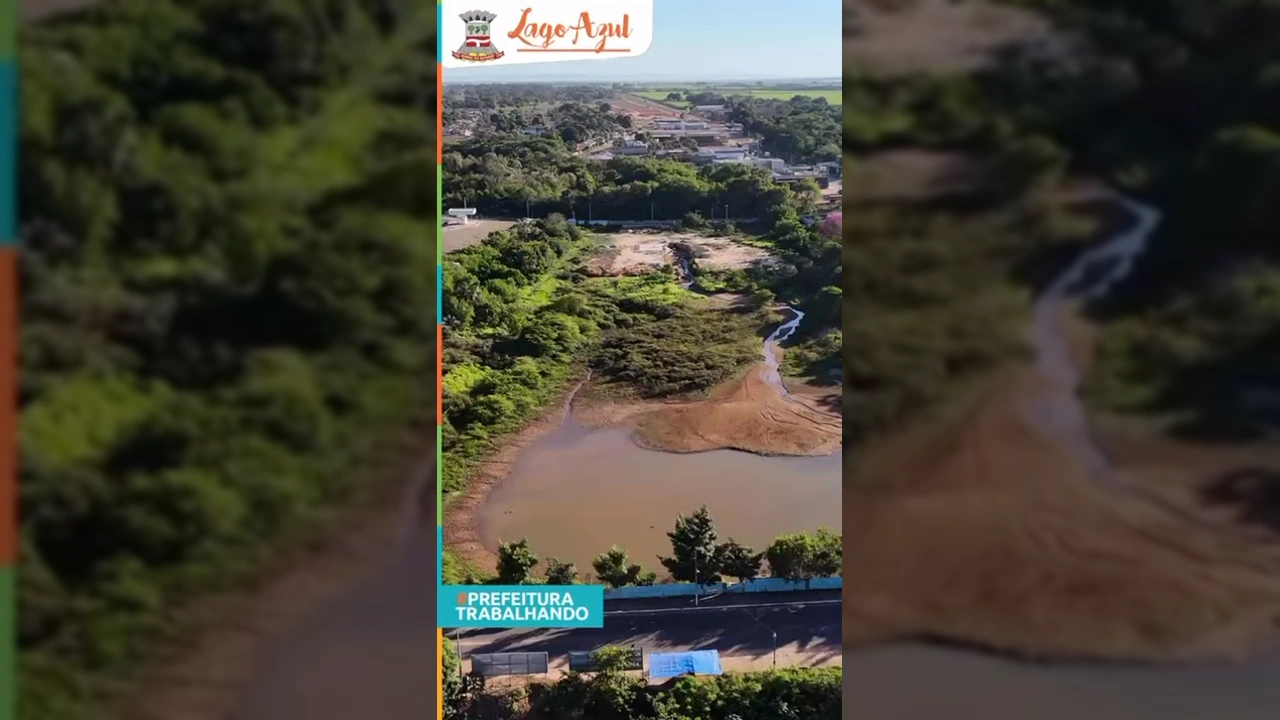 Vista aérea das obras de revitalização do Lago Azul em Barra do Bugres, com escavadeiras e trabalhadores no local. Crédito: Prefeitura de Barra do Bugres / Instagram