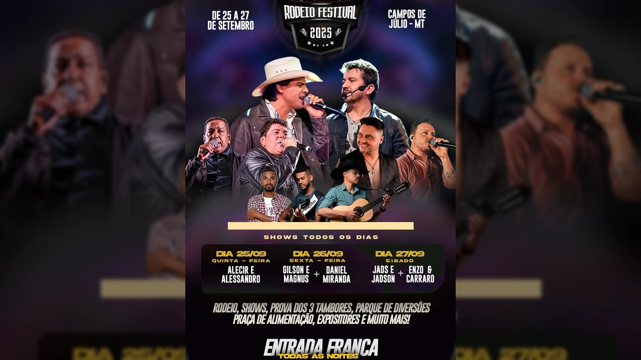 Imagem promocional do Rodeio Festival 2025 em Campos de Júlio com shows de duplas sertanejas e montarias em touros e carneiros.