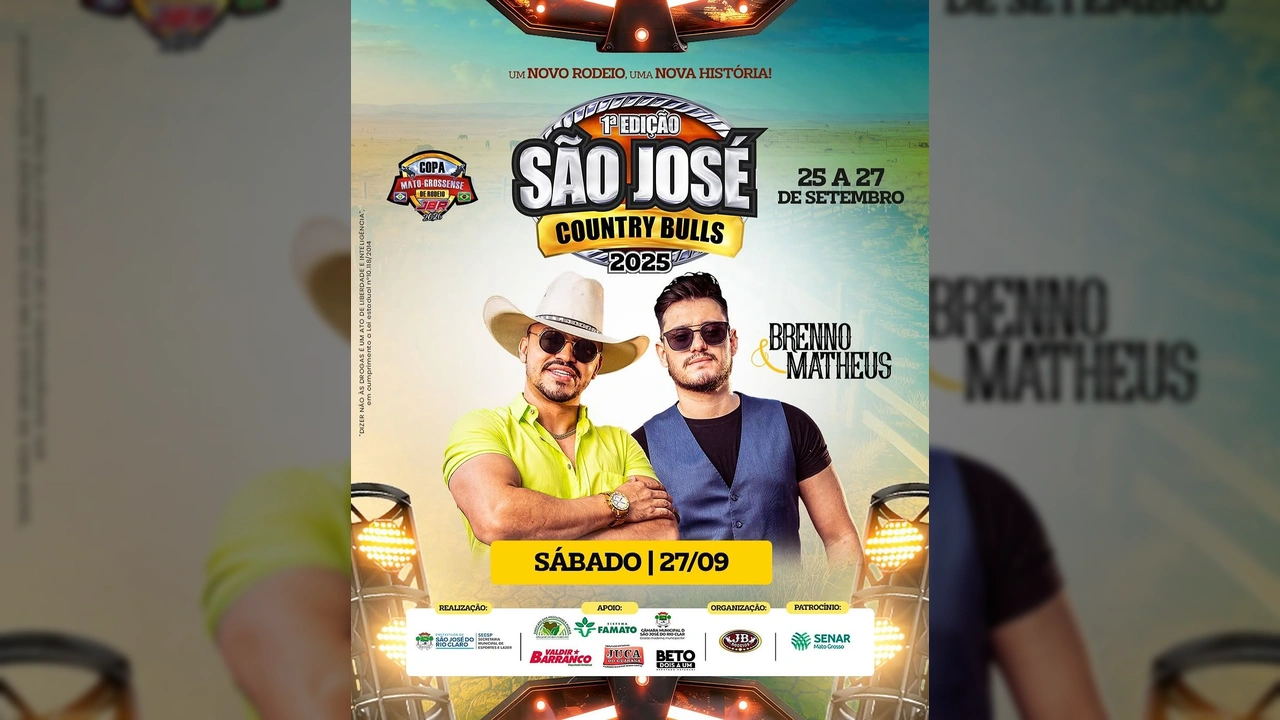 Cartaz do São José Country Bulls 2025 com a dupla sertaneja Brenno & Matheus em destaque, créditos: Instagram @jbrodeios