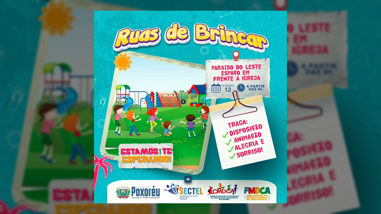 Crianças brincando em playground ao ar livre durante o projeto "Ruas de Brincar" no bairro Paraíso do Leste, Poxoréu, MT. Créditos: Prefeitura de Poxoréu / Instagram.