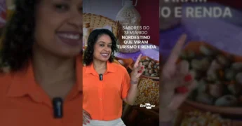 Mulher sorrindo em destaque com mesa de comidas típicas nordestinas ao fundo, projeto da Embrapa no Instagram