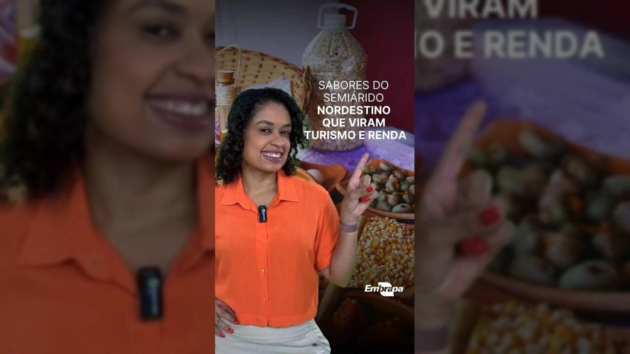 Mulher sorrindo em destaque com mesa de comidas típicas nordestinas ao fundo, projeto da Embrapa no Instagram